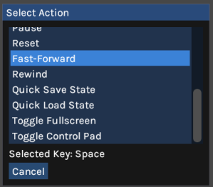 A list of options, with the text 'Selected Key: Space' displayed underneath.